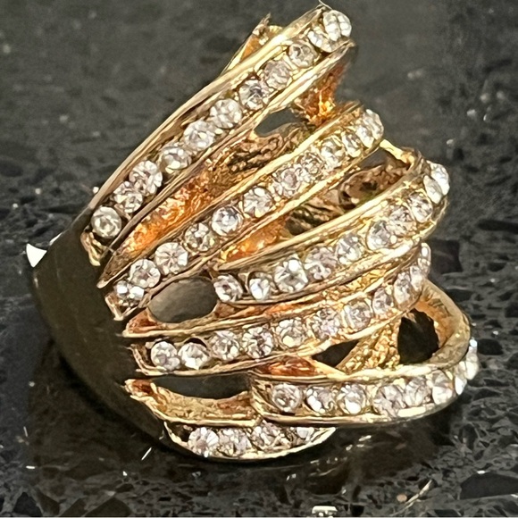 7-Row Swirls cz Crystal Gold Pave Set ladies Cocktail statement bling Ring - Picture 3 of 3
